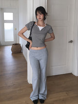 Isho Fake Layered Halter Stripe Button Short Sleeve T-shirt