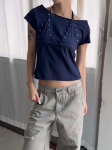 Rivet halter layered t-shirts(2color)