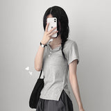 スリムフィット🤍スパンデックス ヘンリーネック ピンタック Tシャツ(4 colors)