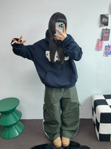 フリース🔥ハットプリンティングレタリングタトゥーパッチビッグフーディー 💙🩶🤎3COLOR