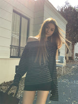 Unbalanced Off-Shoulder Stripe Long Sleeve T-Shirt