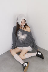 Rose Angel Oversized-fit Off-Shoulder Long Sleeve T-shirt