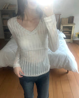 トヘキュービックリブボーンVネックシースルー長袖Tシャツ