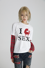 SEXXDEVIL "I LOVE 3EX"レッド プレイド レイヤードTシャツ