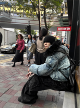 Carrot washed denim embroidered padded coat + black fur