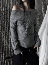 gray lettering off-shoulder knit