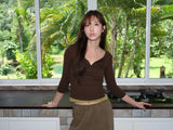 3/4 リブ ヘンリーネック ボタンTシャツ (Brown)