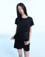 グランジクローレオパードアイレットTシャツ - ブラック