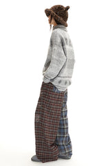 Retro elastic waistband comfortable casual and laid-back color-blocked straight-leg checkered pants