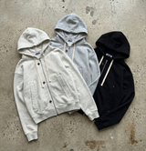 Button Detail Thick Drawstring Zip Hoodie