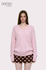 Baby Pink Twisted V-neck Loose Fit Knitwear