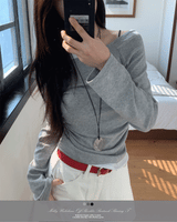 Milky Unbalance Off-Shoulder Boatneck Shirring Long Sleeve T 