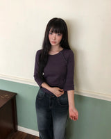 Hena Diagonal Button 7-Sleeve T-Shirt