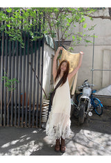 long lace frill sleeveless dress