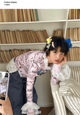sillysis 可愛いイラストの小熊、ピンクの花柄プリント、宮廷風のギャザーレース付きTシャツ、インナー用トップス レディース