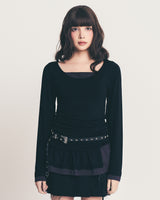 dot frill layered top / black