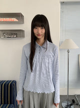 ムンタボーダーフリル襟付き長袖Tシャツ