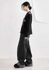 Cuffed cat washing denim pants