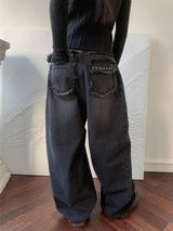 Rough Muse Tassel Ball Stud Wide Long Denim Pants