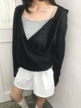Wrap loose fit shirring hooded knit (4c)
