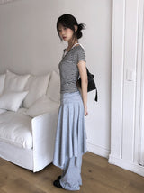 Isho Fake Layered Halter Stripe Button Short Sleeve T-shirt