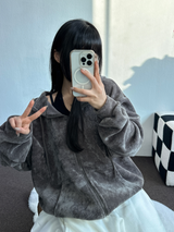 RIBBON PATTERN VELVET HOOD ZIP-UP💚💙🖤 - 3 COLORS