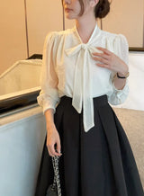Cave Pearl Tie Puff Blouse