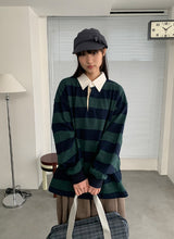 キヤン襟付きボーダーオーバー長袖Tシャツ