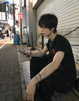 スリムフィット ウォッシュド グラフィック セミクロップTシャツ