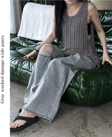 Gray washed damage wide pants