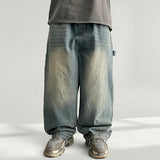 Oil waistband deep-washed capanger denim wide pants (3 colors)