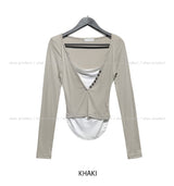 Ash Ribbed Deep Button Layered Long Sleeves