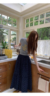 Cozy Navy Flower Frill Long Banding Skirt