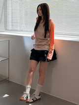 CEC レイヤード ストライプド スリーブ レーベル L/S(PINK ORANGE)