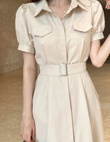 Kazz Shirt Collar Puff Sleeve Long One Piece (Belt Set)
