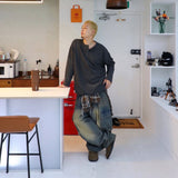 オーバーワッフルヘンリーネック長袖Tシャツ