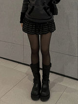 Ribbon string slit button stripe skirt