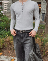 Kanden Ribbed Henley Neck Slim Long Sleeve T-shirt