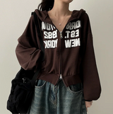 New York Lettering Two Way Cropped Hooded Zip-Up
