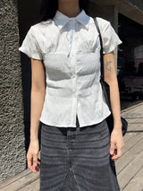 Ripple Mood Stripe Span Shirring Short Sleeve Shirt (3 colors)