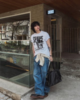 Post pocket cutting wide denim pants
