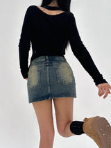 [BELT & INNER SHORTS] AUTUMN DENIM BROWN KHAKI DENIM SKIRT – SK