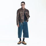 Washed Line Leather Jacket - BROWN