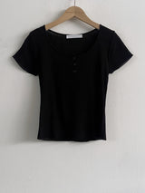 Lua Round Neck Button Ribbed Short Sleeve Knit Top 8 Colors