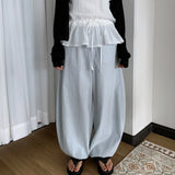 Demon Pastel Summer Cotton Big Wide Long Cotton Pants with Belt Detail 4 Colors