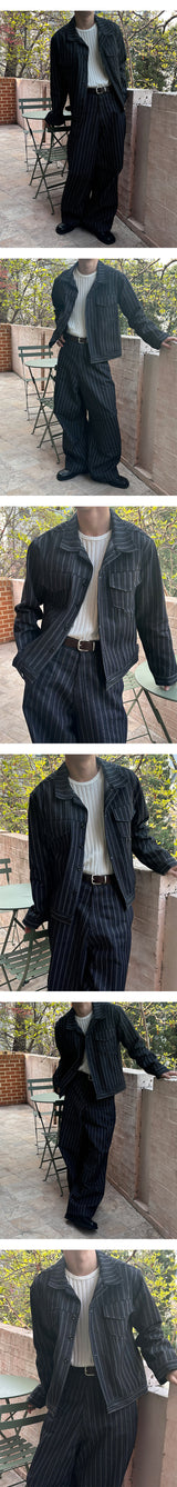 [SET UP가능] Stripe trucker denim jacket