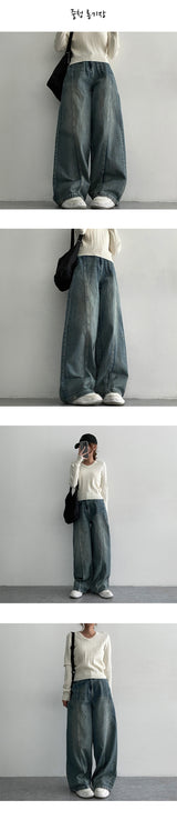 [3 Tier Length] [S–3×L] Benfall Slit Side Snap Wide Denim Pants (4 colors)