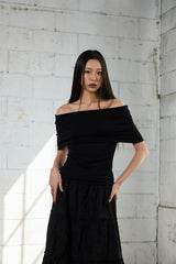 ドレープ オフショルダー Tシャツ-ブラック