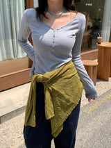 ボタン フェイク Vネック リブ スリム Tシャツ（8色）