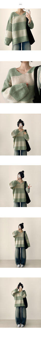 Robin color matching Dangara V-neck loose fit knit